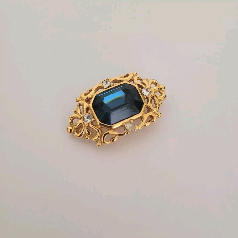 Monet Gold Tone Victorian Retro Style Blue Glass Clear Crystal Brooch Pin 1,5"
